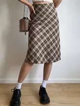 BERAN レトロ可愛いブラウンチェックAラインハイウエストスカート【中長丈・薄手】