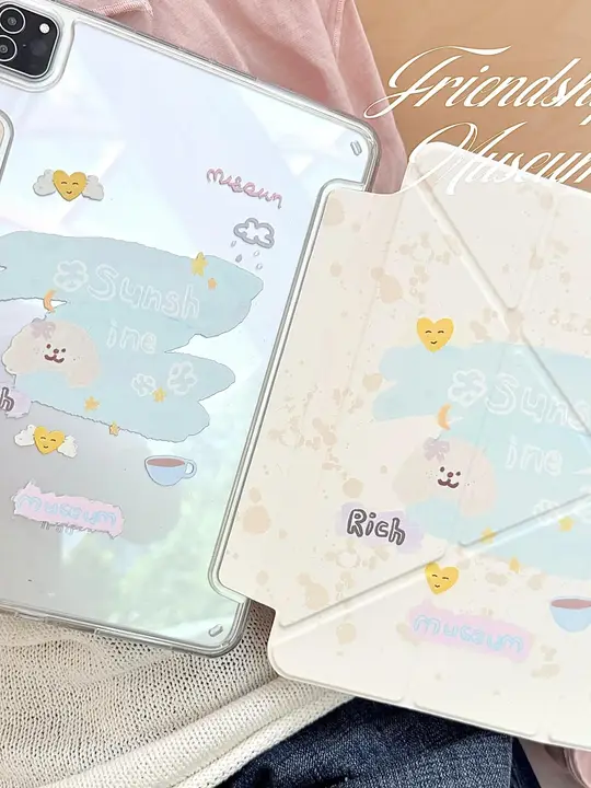 犬デザインのiPad保護ケース【四折式・アクリル製・マグネット式ペンホルダー付き】
