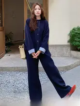 カジュアルで若返り効果のあるネイビートップス【春秋用・スタイリッシュ・広がるパンツ・二点セッ トアップ対応】