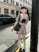 かわいい小熊猫プリントの水手服トップスとプリーツスカート【紫・収腰デザイン・フレンチスタイル】（セットアップ対応）