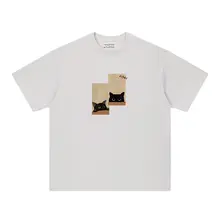 KAMU メンズ夏用猫デザイン半袖Tシャツ【アメリカンヴィンテージ・コットン・ルーズフィット】