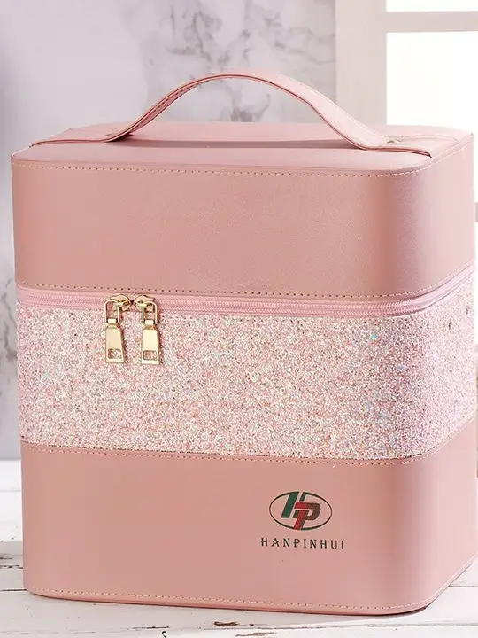 大容量のシンプルなラメ化粧ポーチ【多機能・携帯用・リップ付き】（セットアップ対応）