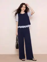 気品あるデザインの夏用大きいサイズ 上下セット【デニムブルー・パッチワークデザイン】（セットアップ対応）