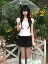 小柄向け甘かわいいデザイン！ピンクのパフスリーブシャツとドット柄プリーツスカート【セットアップ対応】