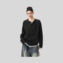 ワッフル模様の長袖Tシャツ【ユニセックス・春用・ヘンリーネック・ゆったりシルエット】