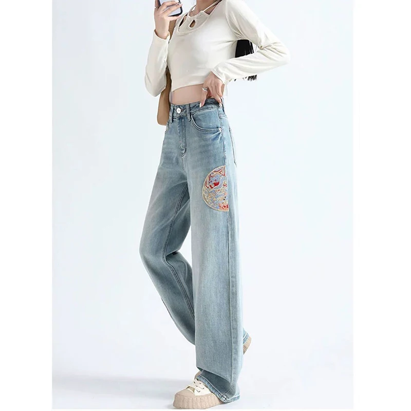 中国風刺繍デザインのワイドレッグデニムパンツ：通勤スタイルに最適な女性用ストレートパンツ