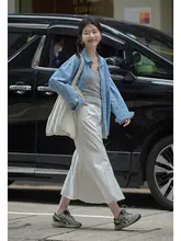 浅青色 長袖デニムシャツ【レトロデザイン・ゆったりフィット・春用】