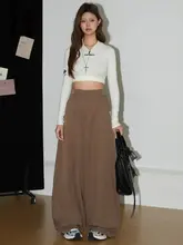 カジュアルな雰囲気の高腰ワイドレッグパンツ【ビンテージ風・カキ色・フィット】