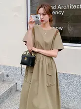 カクテルカラーの工装風ロングワンピース【夏用・フィット・ウエストシェイプ】