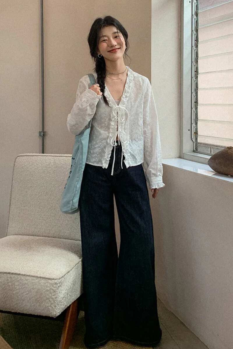 フリル付きフレンチスタイル白いリボン長袖シャツ【春用・女性用】