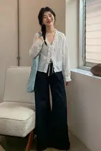 フリル付きフレンチスタイル白いリボン長袖シャツ【春用・女性用】