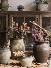 粗陶製の花瓶【侘寂風・ヴィンテージデザイン・リビングルーム用・デコレーション】