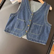 春の新作レトロデニムノースリーブベスト【Vネック・ボタン留め・重ね着対応】（セットアップ対応）