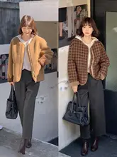 秋冬用ブラウンチェック柄ジャケット【女性用・ショート丈・カジュアルデザイン】（セットアップ対応）