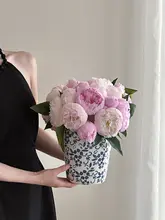 花瓶 陶器 造花 芍薬 水植え チャイナテイスト 染付 ヴィンテージ リビング テレビボード インテリア 置物