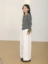 コットン製 ワイドレッグデニムパンツ【半松緊ウエスト・フリンジデザイン・カジュアル】
