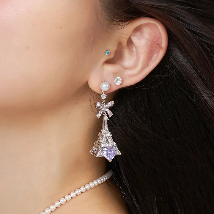 925純銀製 パール付きパリ塔デザインイヤリング【高級感・レトロスタイル・イヤクリップ】