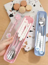 かわいいカートゥーンデザインの304ステンレス製食器セット【スプーン・フォーク・箸・学生用・携帯便利】（セットアップ対応）