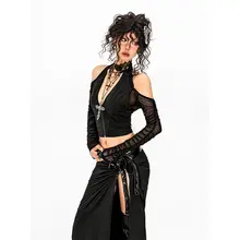 レトロなメッシュTシャツ【女性用・セクシー・オフショルダー・ノースリーブ】