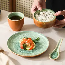 和風陶器の食器セット【米飯用ボウル・ティーカップ・スプーン・四点構成】（セットアップ対応）