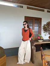 極上の柔らかさの麻混ボールパンツ【米茶色・プリーツデザイン・フィット】（セットアップ対応）