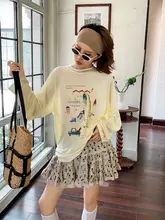 黄色印花デザインの長袖Tシャツ【カジュアル・短めスカートパンツ・夏用】（セットアップ対応）