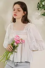 春夏用 シルクコットン ホワイト 方形ネック  レース フリル パフスリーブ ティーシャツ