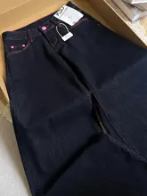 アメリカンレトロな深い青のローウエストワイドレッグデニムパンツ【夏用・デザイン性・ロング丈】