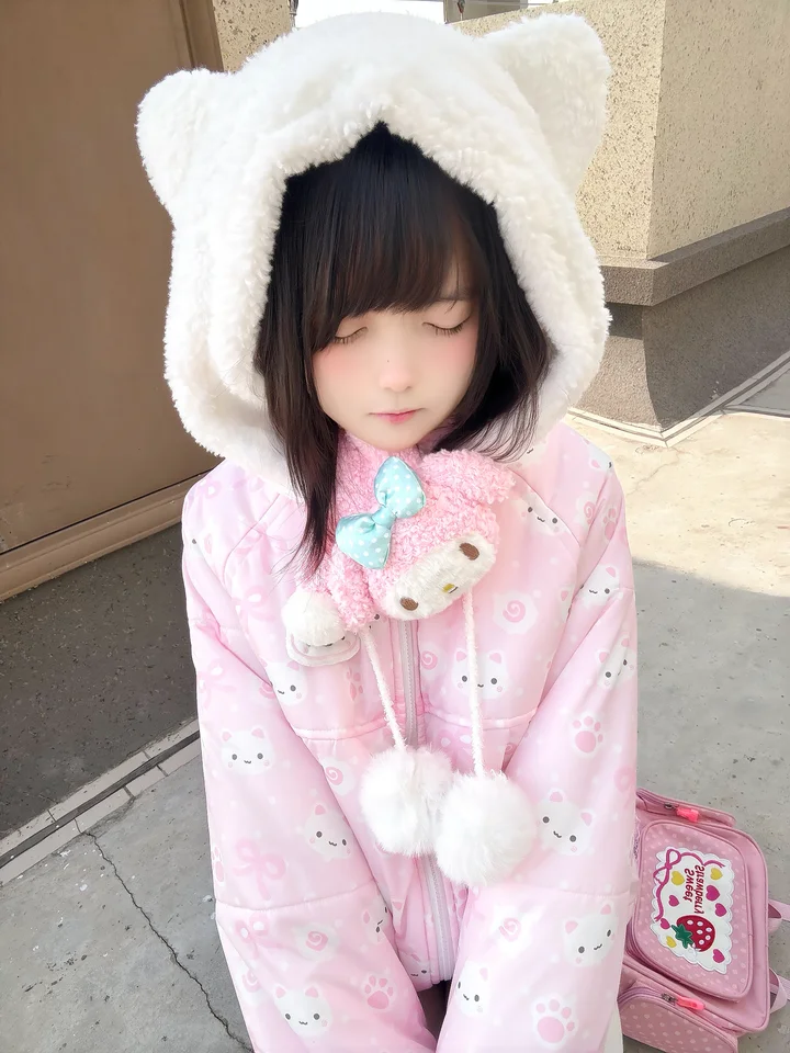 可愛い猫柄のロリータ風フード付き暖かコート【ピンク・女性用】