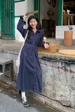深い青の長袖デニムシャツワンピース【ウエストマーク・秋用】