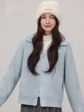 ブルーのダブルジップ翻訳カラーセーターコート【女性用・ルーズフィット・ニットカーディガン】