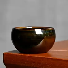 陶製黒色主人用茶碗【シンプルデザイン・紫のアクセント・功夫茶具】