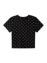 ODonedu 黒のドット印刷ストレッチショートTシャツ【女性用・夏・フィット・半袖】