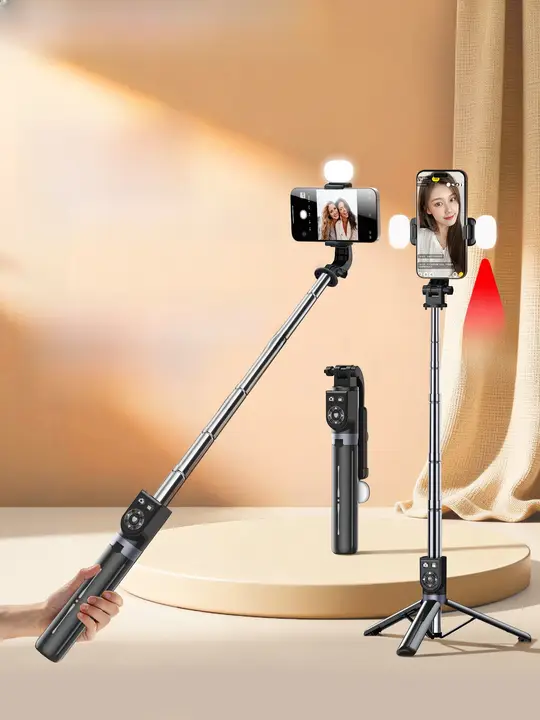 手持ちセルフィースティック兼三脚【Bluetooth対応・防振・ポータブル・リングライト付き・360°回転】
