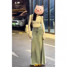 美しいデザイン！ウォッシュブルーデニム Aラインスカート【ハイウエスト・フリンジ付き】