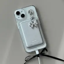 Y2Kスタイル 銀色リボン付きマグセーフ磁気スマホケース【レザー製カードポケット付き・iPhone対応】