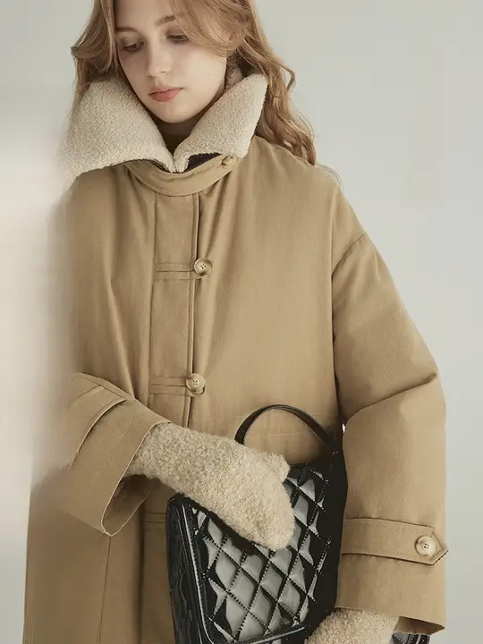 北欧スタイル 毛付き2トーン中長羽毛コート【軽量・翻领デザイン・レディース】