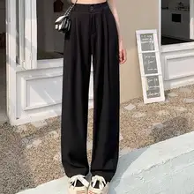 高腰ブラックテーパードパンツ【フィット・ワイドレッグ・夏用】（セットアップ対応）