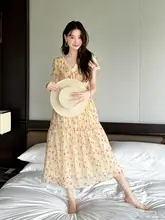 Vネックレース付きウエスト絞りドレス【フラワープリント・夏用・ロング丈】