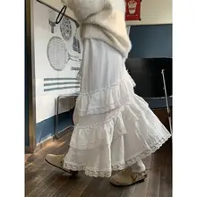 甘いデザインの白色ハイウエストAラインスカート【不規則レースフリル・秋用】