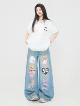Y2Kスタイルのデニムワイドパンツ【低腰・夏用・涼しげなデザイン】（セットアップ対応）