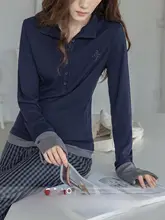 モダンデザインのダークブルー長袖Tシャツ【レイヤード風・カジュアル・秋用】（セットアップ対応）