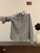 白黒チェック柄長袖シャツ【ポロ襟・刺繍デザイン・ゆったりシルエット】（セットアップ対応）
