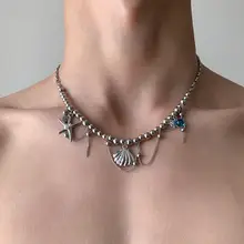 貝殻とヒトデのメタルタッセルネックレス【ビーズデザイン・セレブ感・個性的】