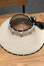 折りたたみ可能なビーチハット【草編み・パール付き・UVカット・大つば】