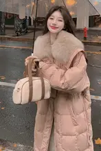 大毛皮襟の中丈ダウンジャケット【女性用・ピンク・保温・ウエスト絞り】