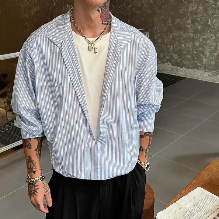 Vネック長袖シャツ【ブルー＆ホワイトストライプ・フィット・穴あけ不要】（セットアップ対応）