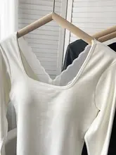 方形ネックリブコットン長袖インナートップス【バストパッド付き・秋用】