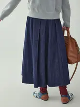 AMUU デニム中丈プリーツスカート【ブルー・ハイウエスト・春用】