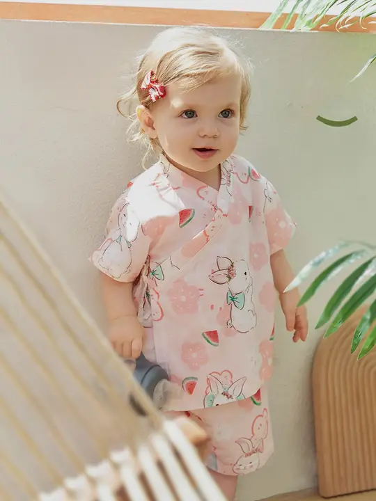 赤ちゃん用 夏用分体薄手通気性天竹コットン半袖トップスとショートパンツ【子供用・カジュアル・和尚服風】（セットアップ対応）